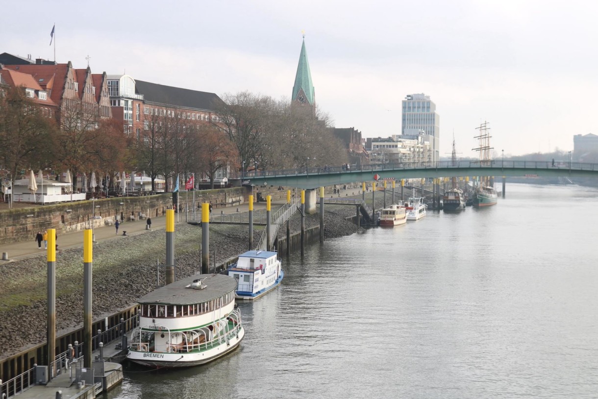 Schlachte riverfront of river Weser with ships in Bremen, northern Germany