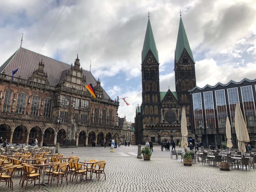View of cathedral and town hall in Bremen, Germany on medieval market square in Bremen, Germany