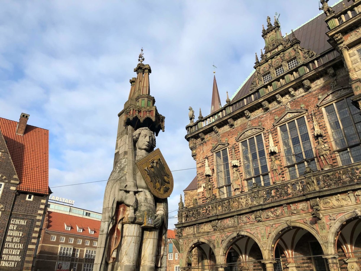 Town hall and Roland statue on medieval market square in Bremen, Germany