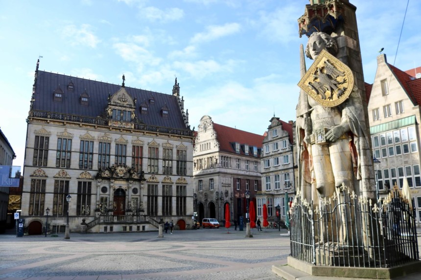 Roland statue on medieval market square in Bremen, Germany
