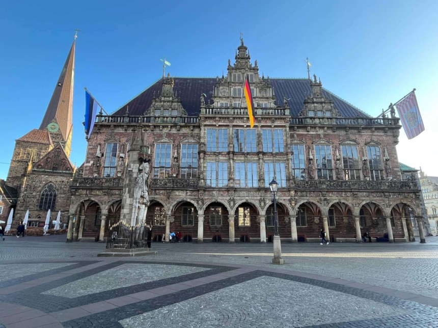 The medieval market square with town hall and Roland statue in Bremen, northern Germany