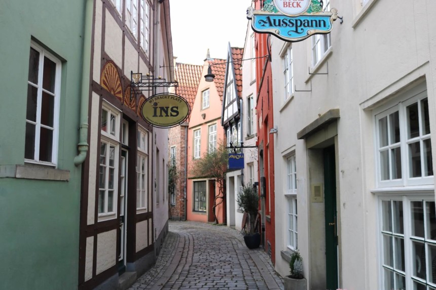 Cobbled stone street in the medieval Schnoor quarter in Bremen, Germany