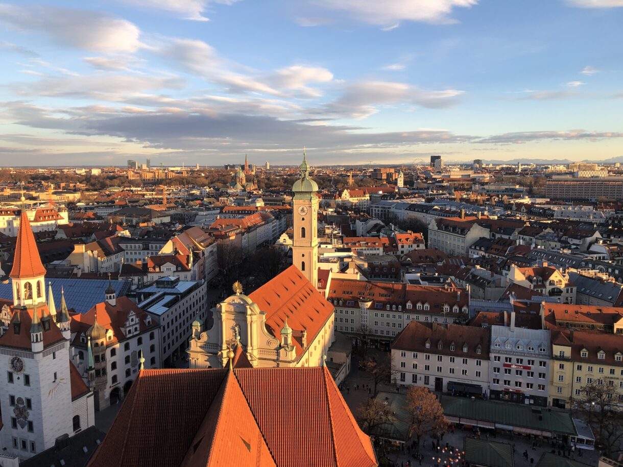 Munich from above (view from St. Peter Church) with the Alps in the back