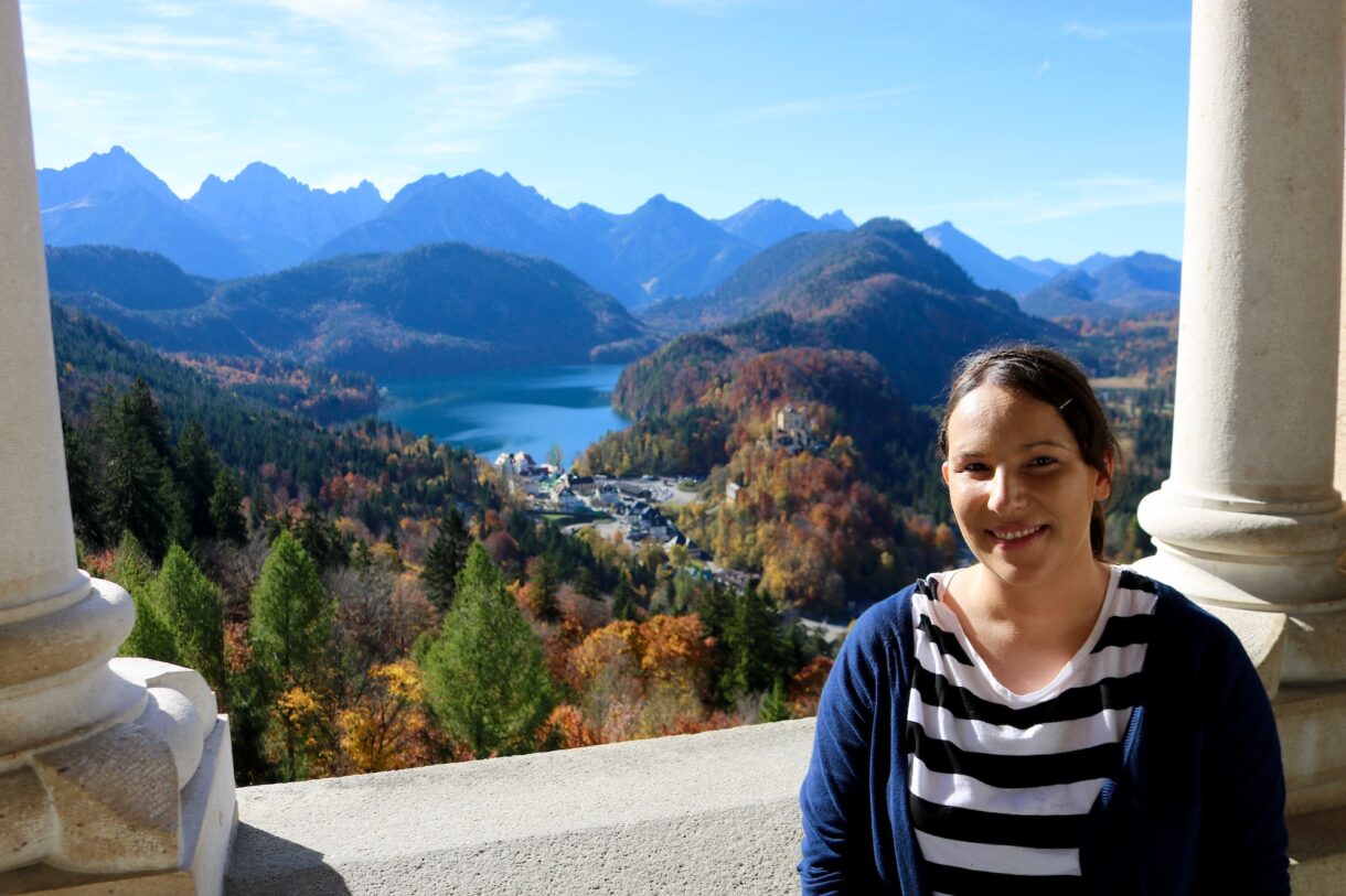 Tour guide Sonja Irani on the balcony of Neuschwanstein Castle