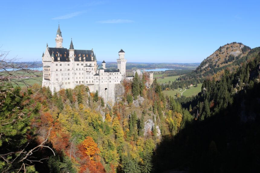 Neuschwanstein Castle in Bavaria as seen from the Marienbrücke bridge