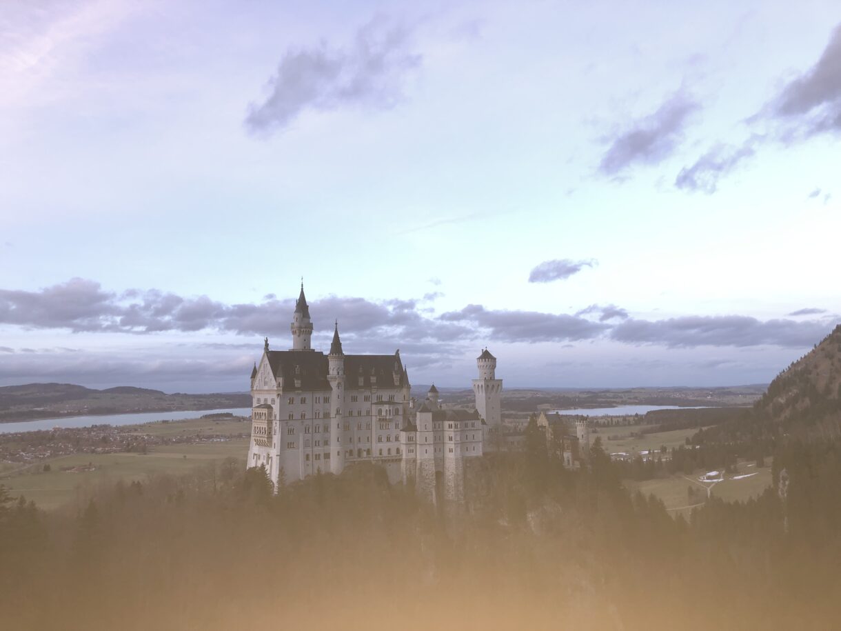 Neuschwanstein Castle in twilight in January