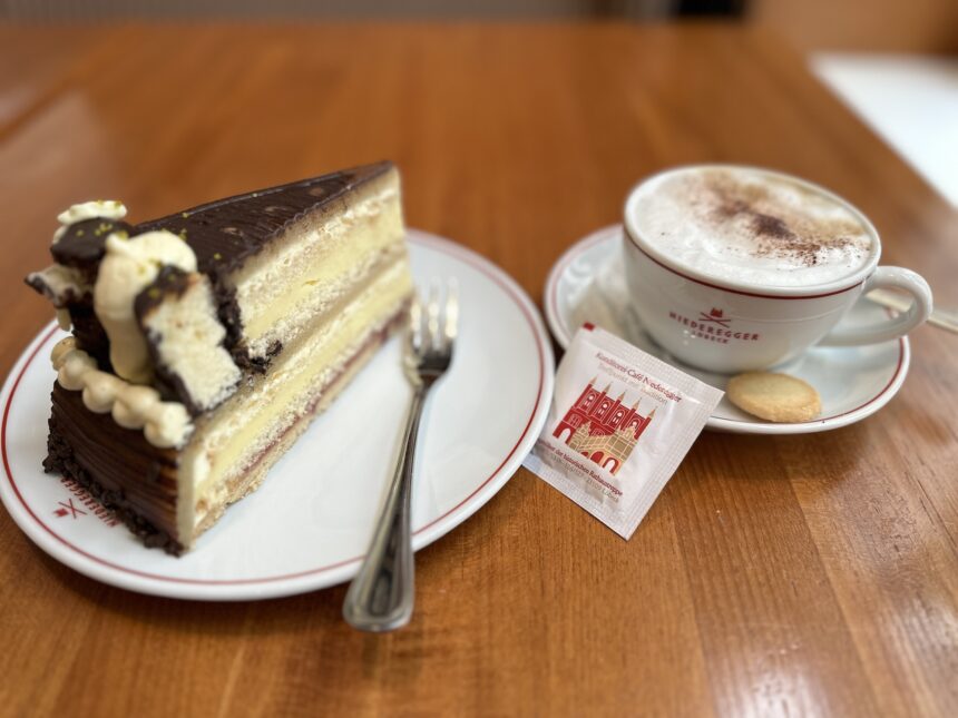 Marzipan-flavored slice of cake and coffee at the Niederegger café in Lübeck! 