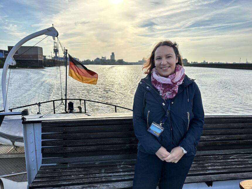 Tour guide Sonja Irani on the boat from Bremen to Bremerhaven