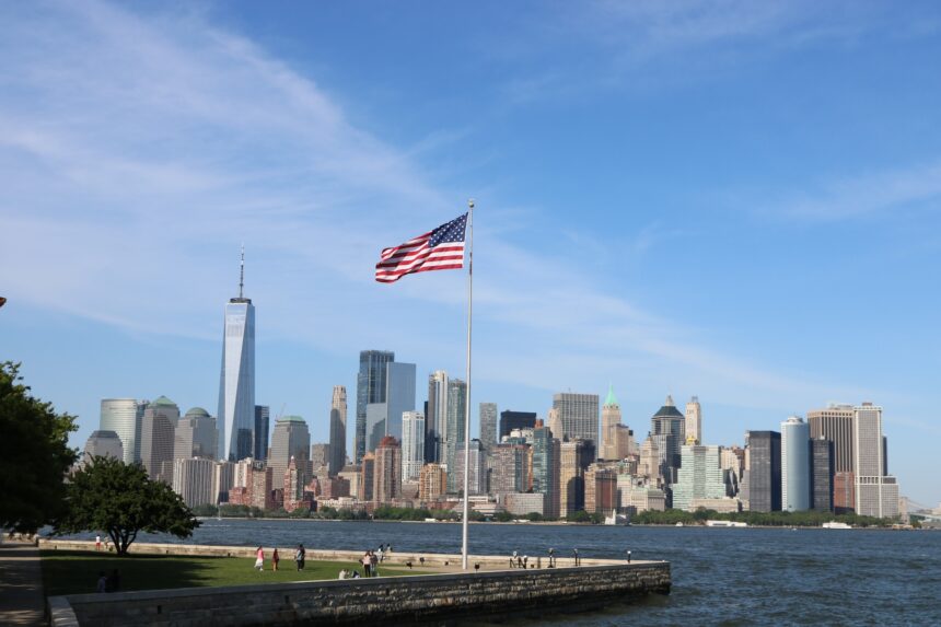 Ellis Island and skyline in New York City