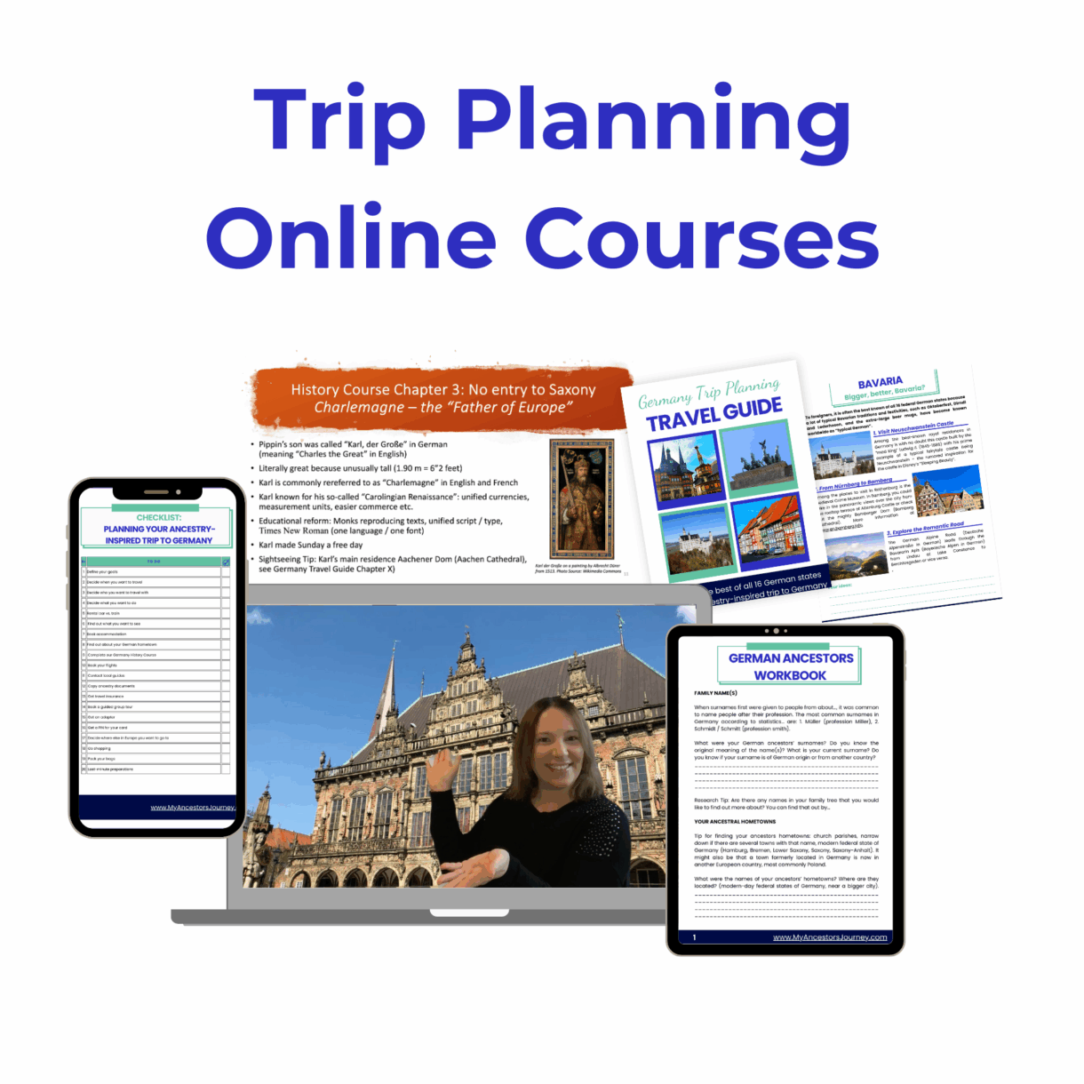 A mockup image for an online course showing several images of the course contents including a travel guide PDF, a checklist PDF and an open laptop with a picture of tour guide and travel advisor Sonja in front of the Bremen town hall