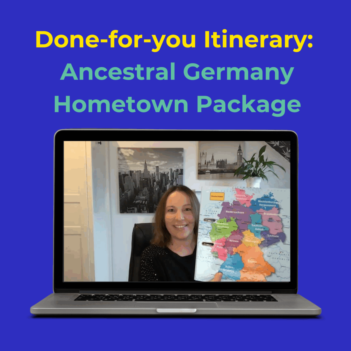 A mockup image for a travel consultation call showing travel advisor Sonja with a folder that has a geographical map of Germany on it